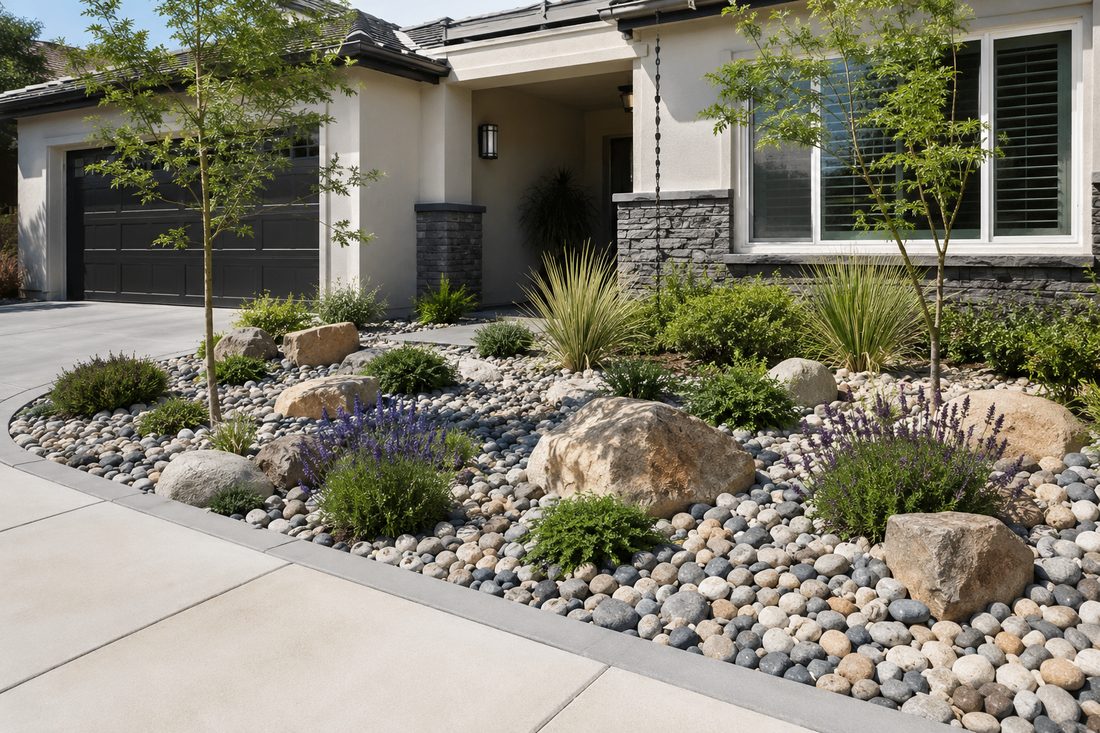 River rock landscaping beds along a brick home in Rowlett TX